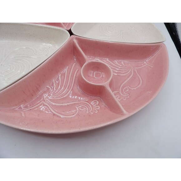 Vintage Rooster Divided Serving Platter Set - Pink & White Ceramic - 4 Sections - Picture 5 of 13
